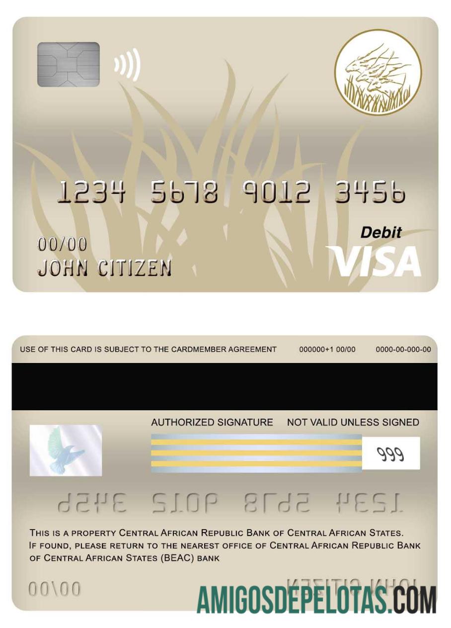 Cartão de débito Visa do Banco da República Centro-Africana do Banco dos Estados da África Central (BEAC) exemplo real